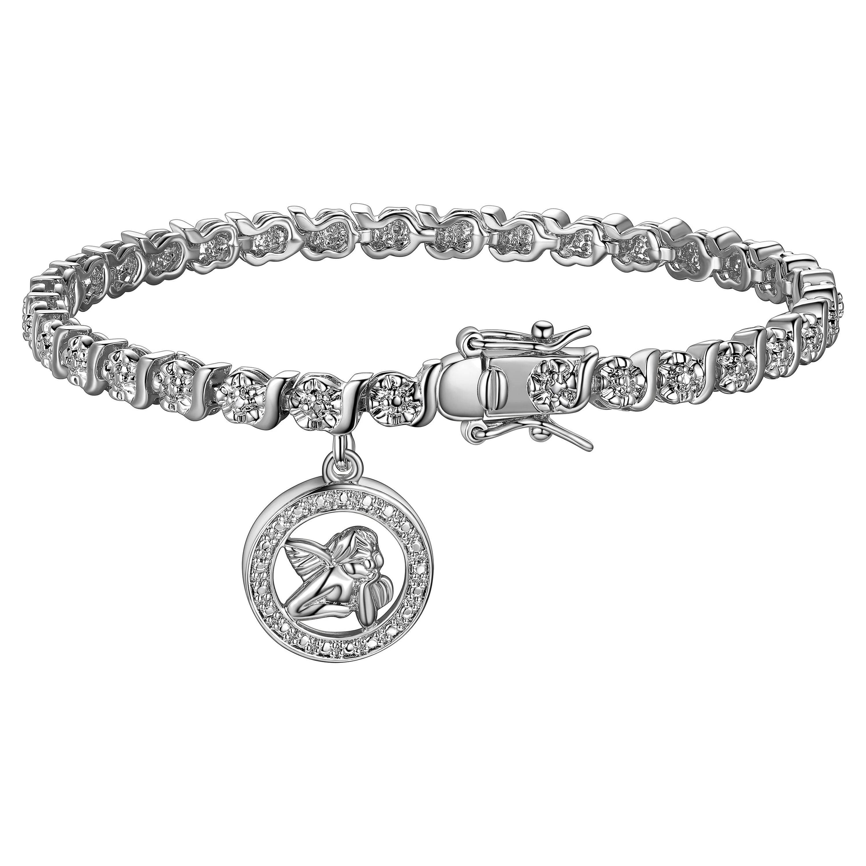 Rhodium Plated Diamond Accent Angel Charm Tennis Bracelet, 7.25"