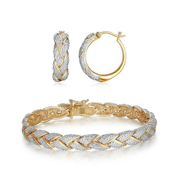 Forever Facets Diamond Accent Braided Bracelet and Earring Set in 18k Yellow Gold over Bronze, Adult Female