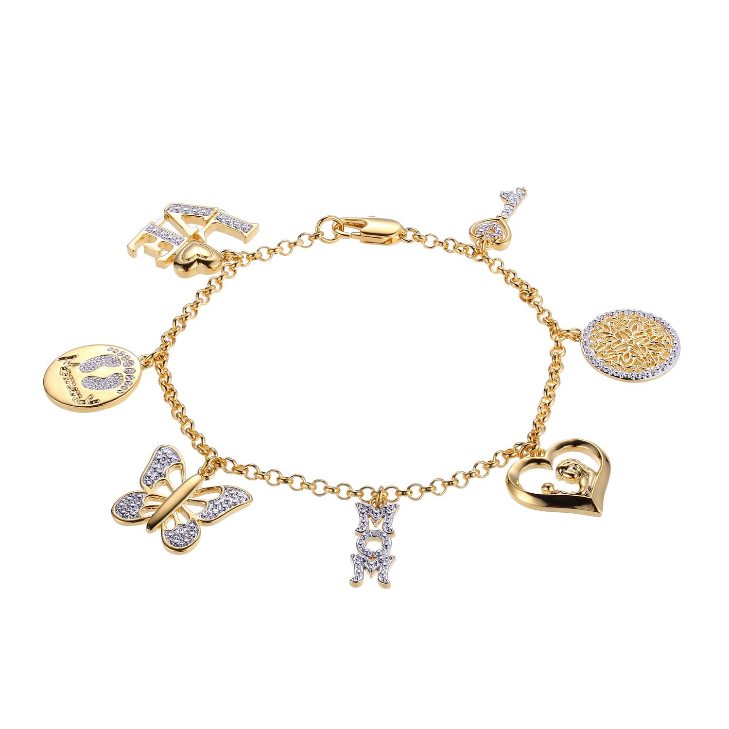 Forever Facets Diamond Accent Charm Bracelet in 18k Yellow Gold over Bronze, Adult Female