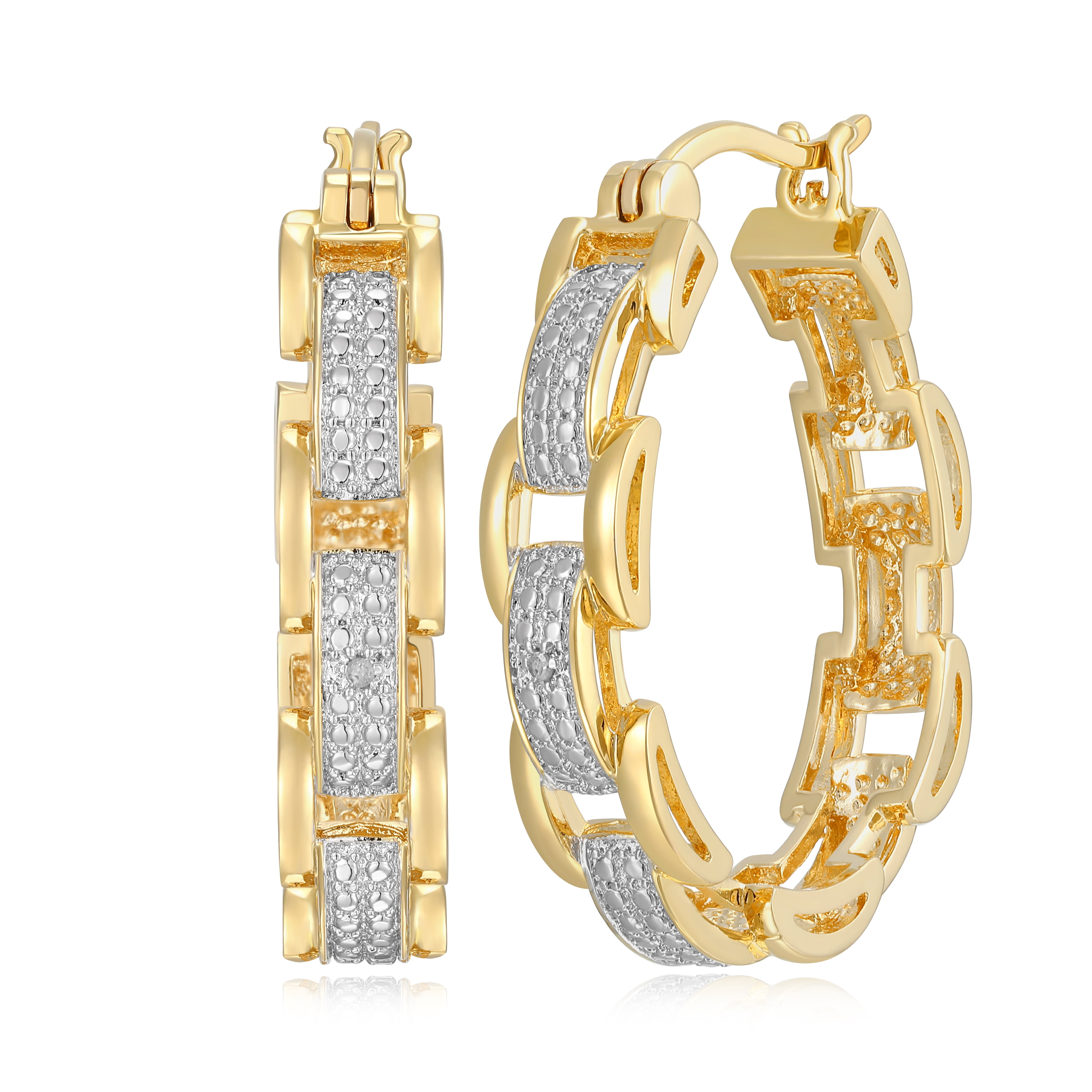 Forever Facets Diamond Accent Chunky Link Hoop Earrings in Two-Tone Rhodium over Bronze, Adult Female
