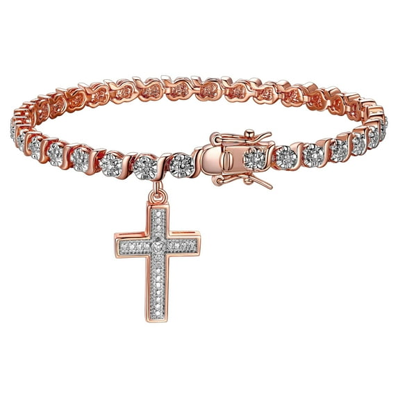 Morgan & Paige 14K Rose Gold Plated Diamond Accent Cross Charm Tennis Bracelet, 7.25"