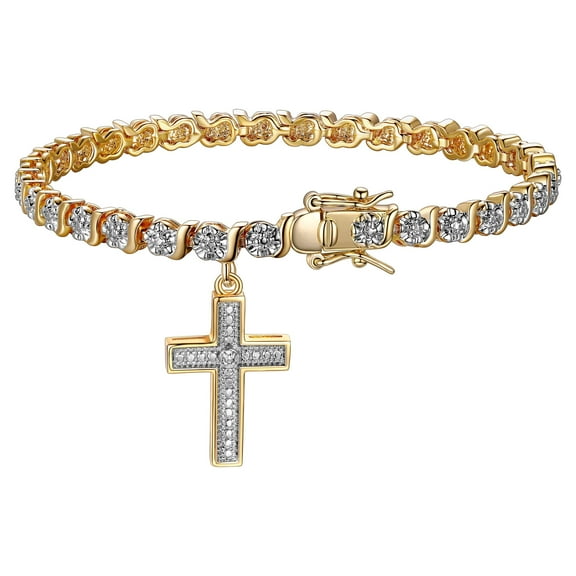 18K Yellow Gold Plated Diamond Accent Cross Charm Tennis Bracelet, 7.25"
