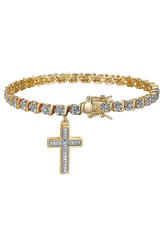 18K Yellow Gold Plated Diamond Accent Cross Charm Tennis Bracelet, 7.25"