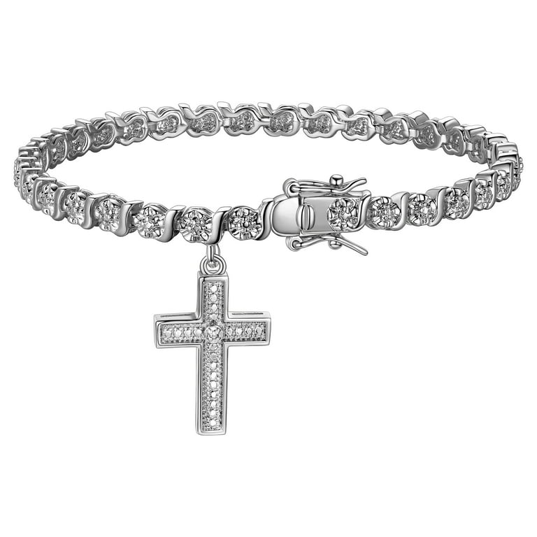 Forever Facets Diamond Accent Cross Charm Rhodium Plated 7.25