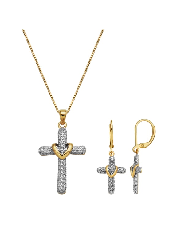Diamond Accent Cross Earrings and Pendant Necklace Set in Gold over Sterling Silver, Adult Female