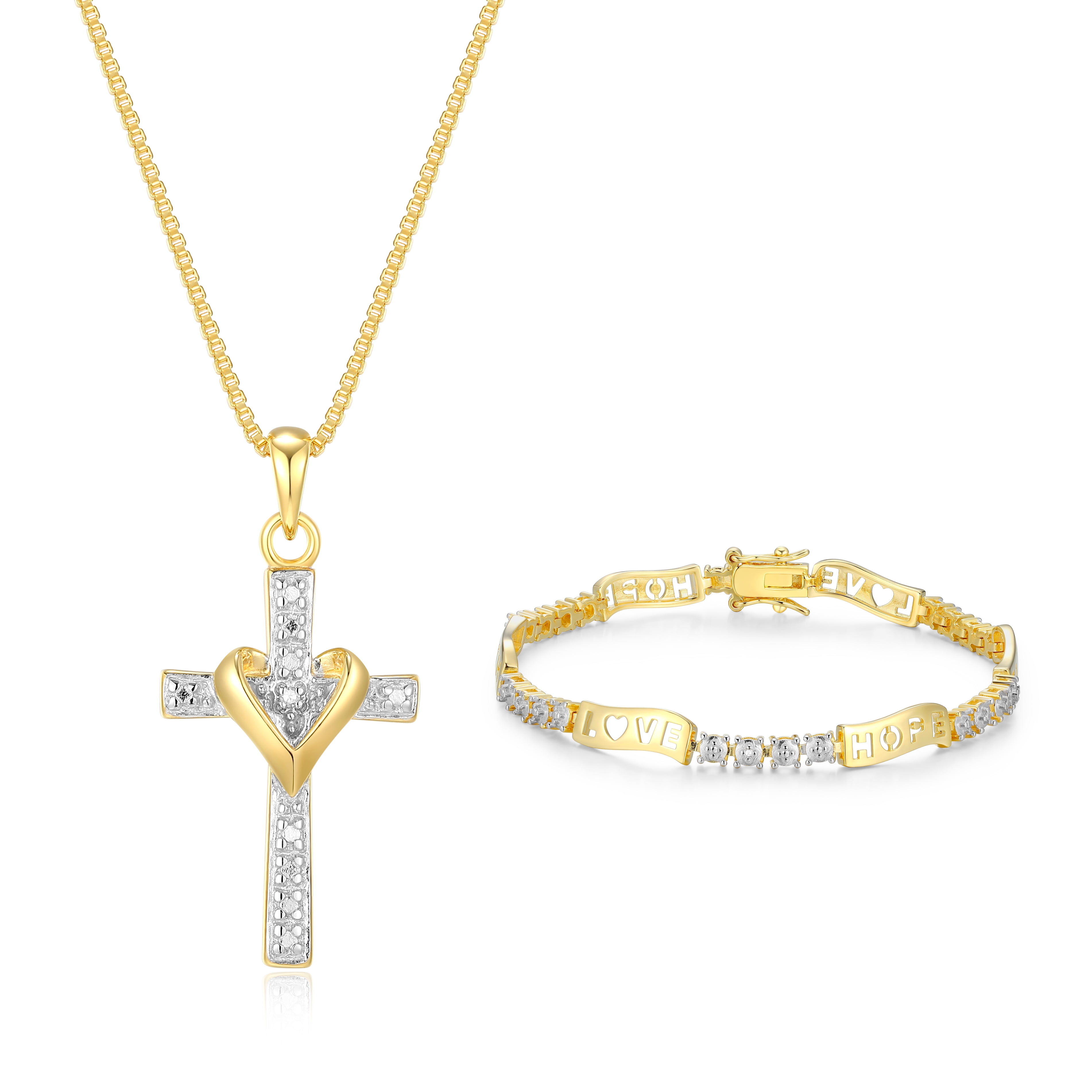 Forever Facets Diamond Accent Cross Pendant Necklace and Bracelet Set in 18k Yellow Gold over Sterling Silver, Adult Female