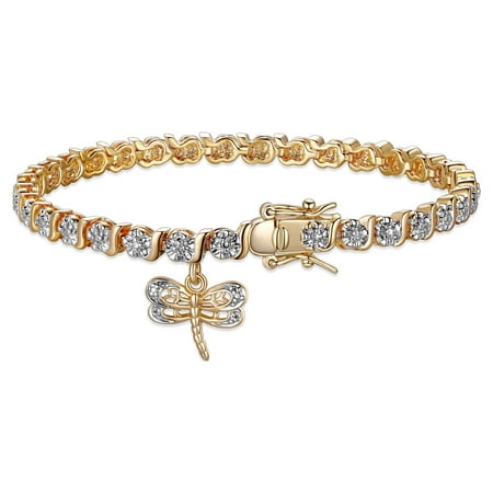 18K Yellow Gold Plated Diamond Accent Dragonfly Charm Tennis Bracelet, 7.25"