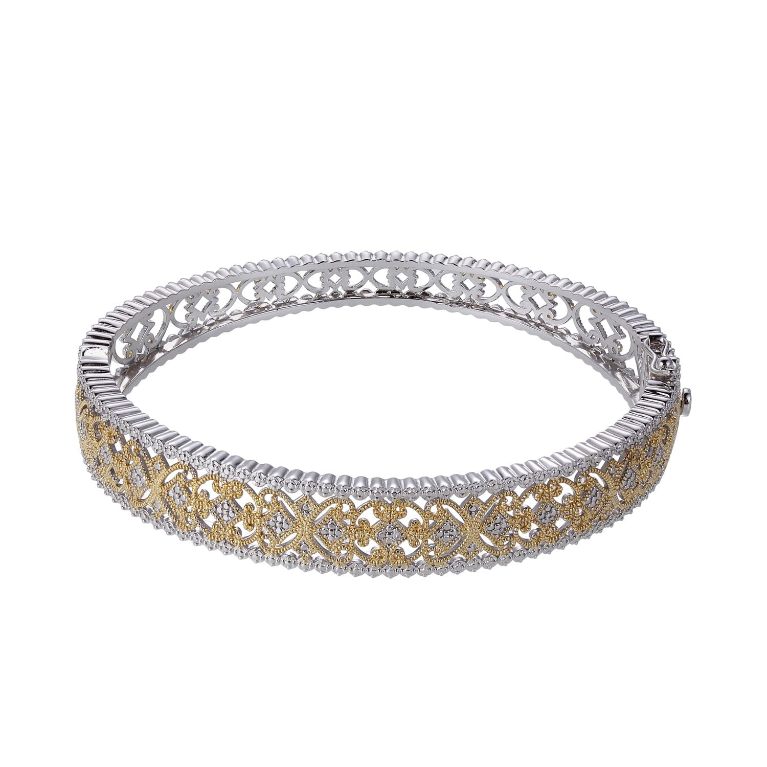 Forever Facets Diamond Accent Filigree Bangle in Two-Tone 18k Yellow Gold and Rhodium over Bronze, Adult Female