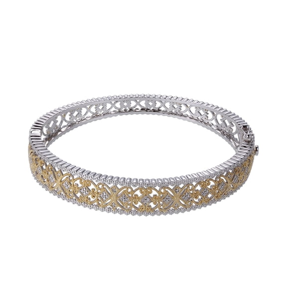 Forever Facets Diamond Accent Filigree Bangle in Two-Tone 18k Yellow Gold and Rhodium over Bronze, Adult Female