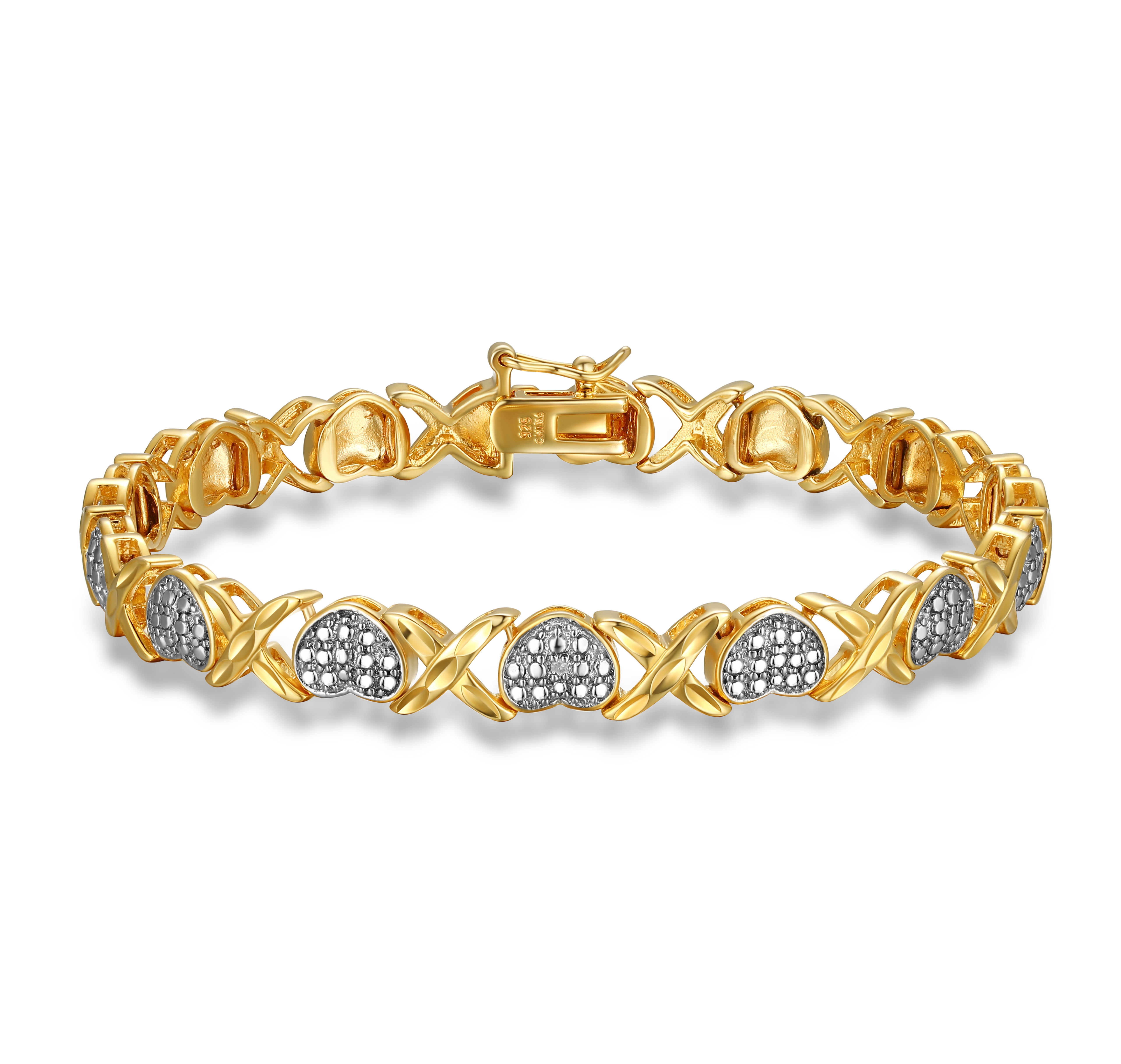 Forever Facets Diamond Accent Heart X&O Bracelet in 18k Yellow Gold over Sterling Silver , Adult Female
