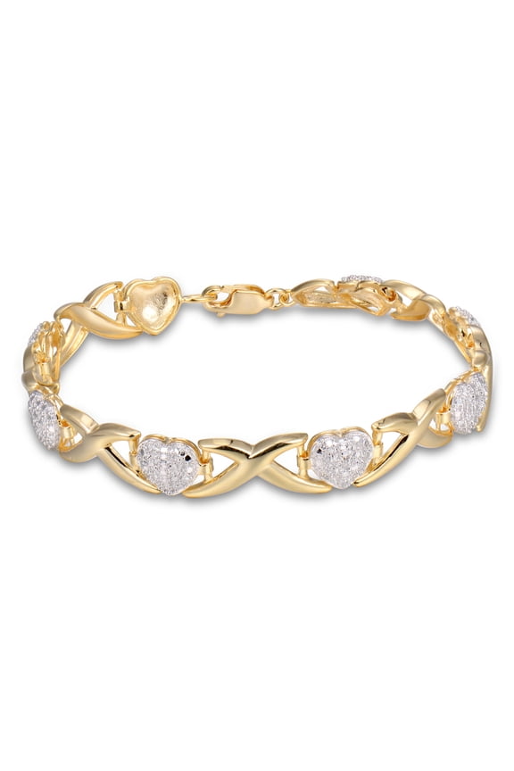 Diamond Accent Heart X&O Bracelet in 18k Yellow Gold over Sterling Silver, Adult Female