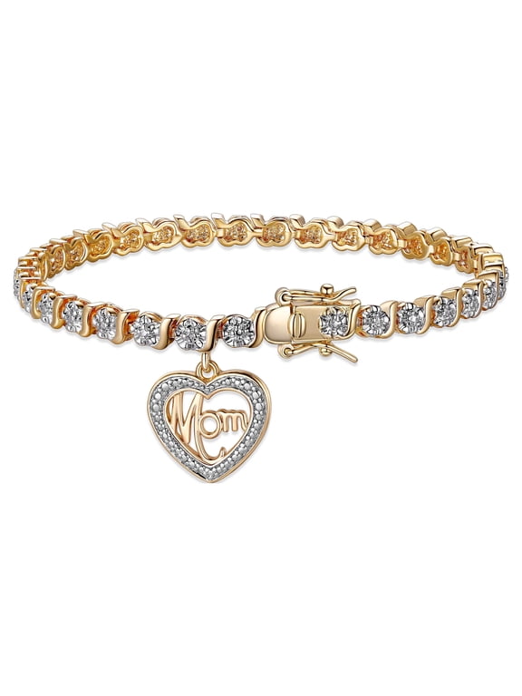 Diamond Accent Mom Charm 18k Yellow Gold Plated 7.25” Tennis Bracelet, Adult Female