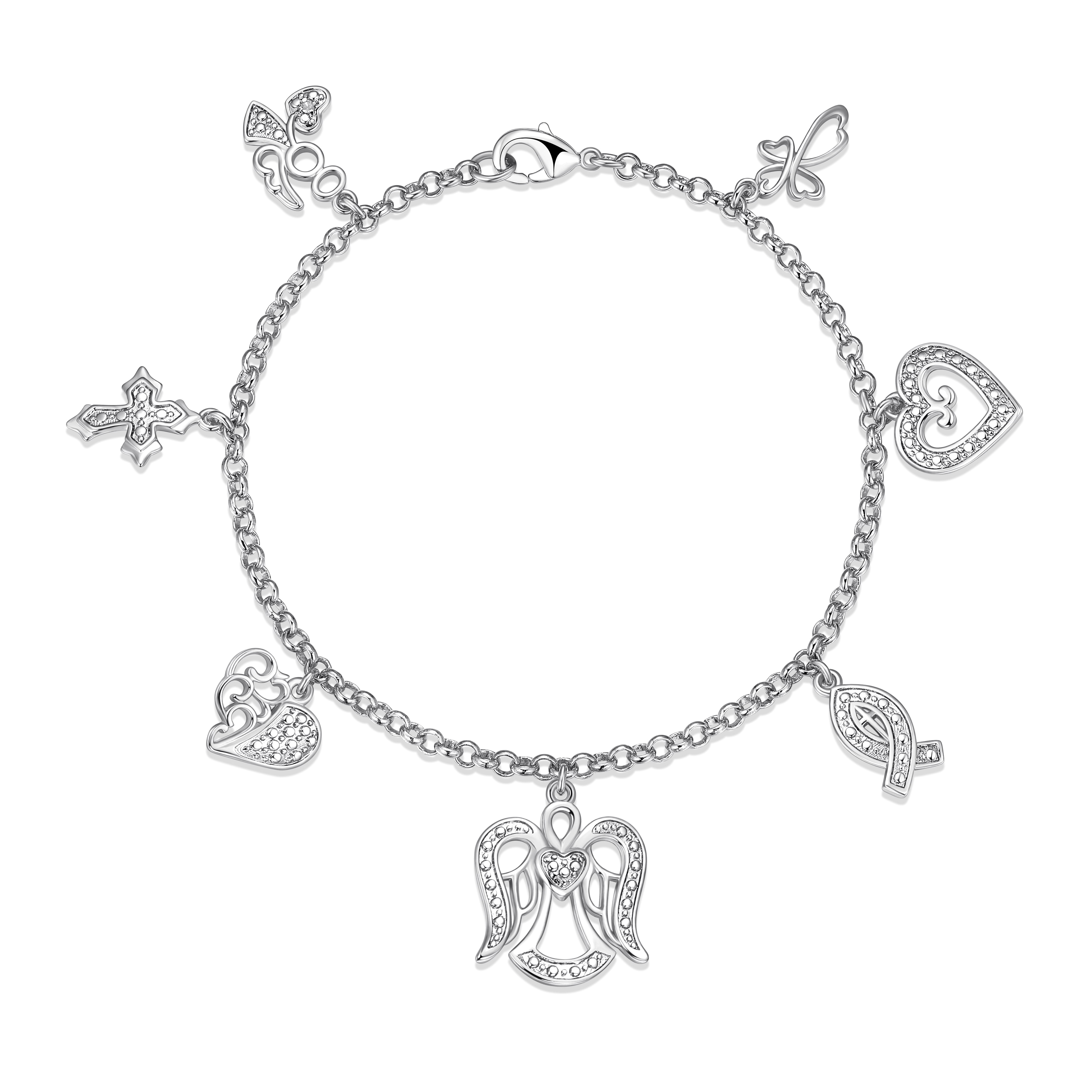 Forever Facets Diamond Accent Multi Charm Bracelet in Rhodium over Sterling Silver, Adult Female
