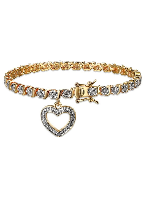 Forever Facets Diamond Accent Open Heart Charm 18K Yellow Gold Plated 7.25" Tennis Bracelet, Adult Female