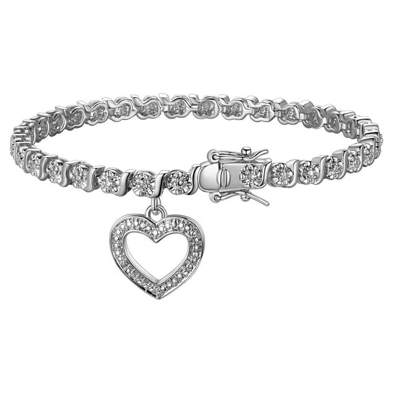 Rhodium Plated Diamond Accent Open Heart Charm Tennis Bracelet, 7.25"