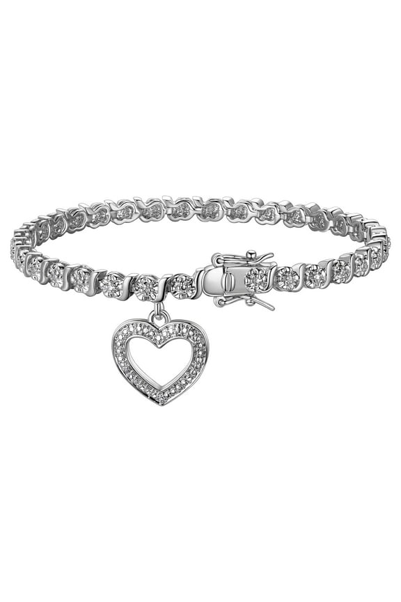 Rhodium Plated Diamond Accent Open Heart Charm Tennis Bracelet, 7.25"