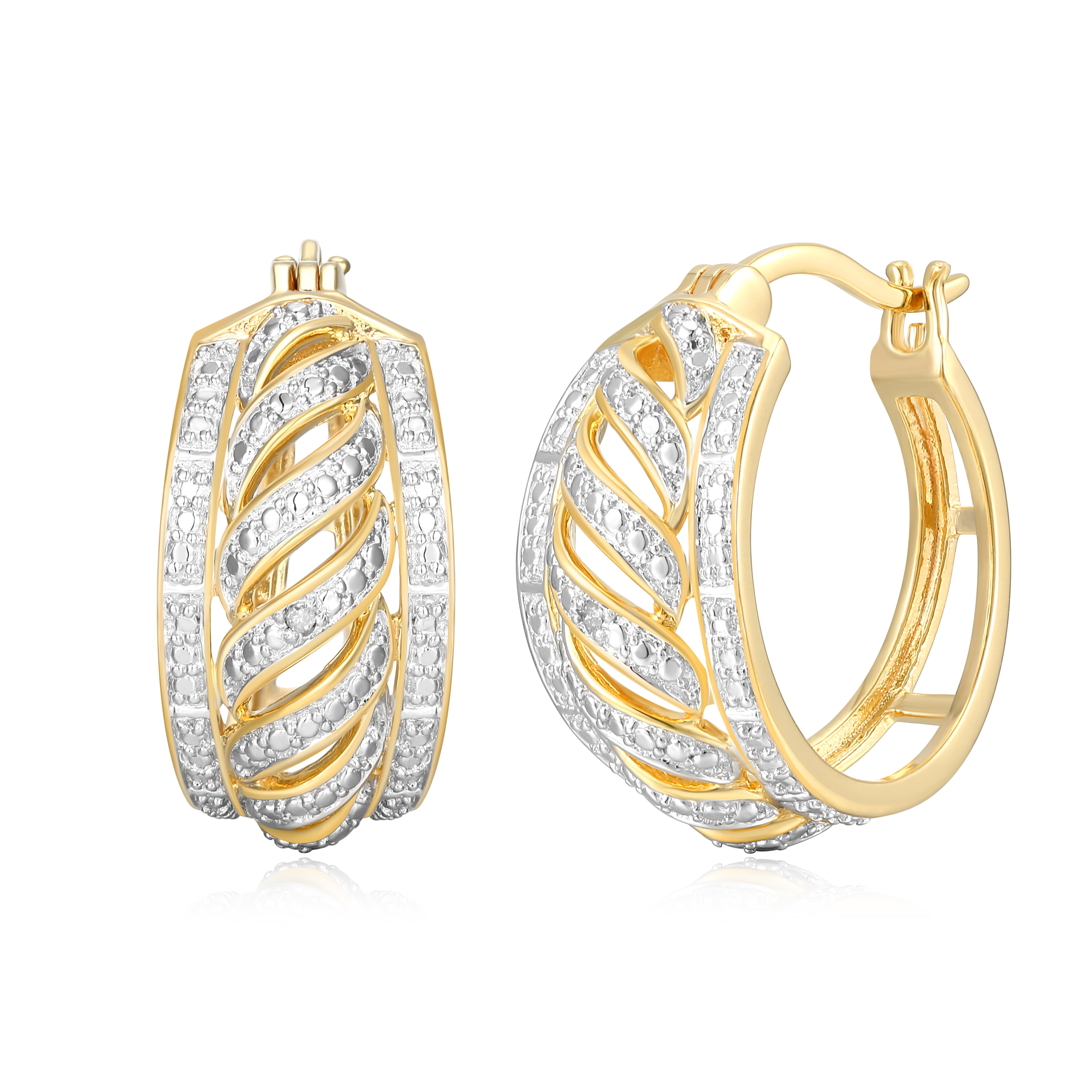 Forever Facets Diamond Accent Open Relief Hoop Earrings in 18k Yellow Gold over Bronze, Adult Female