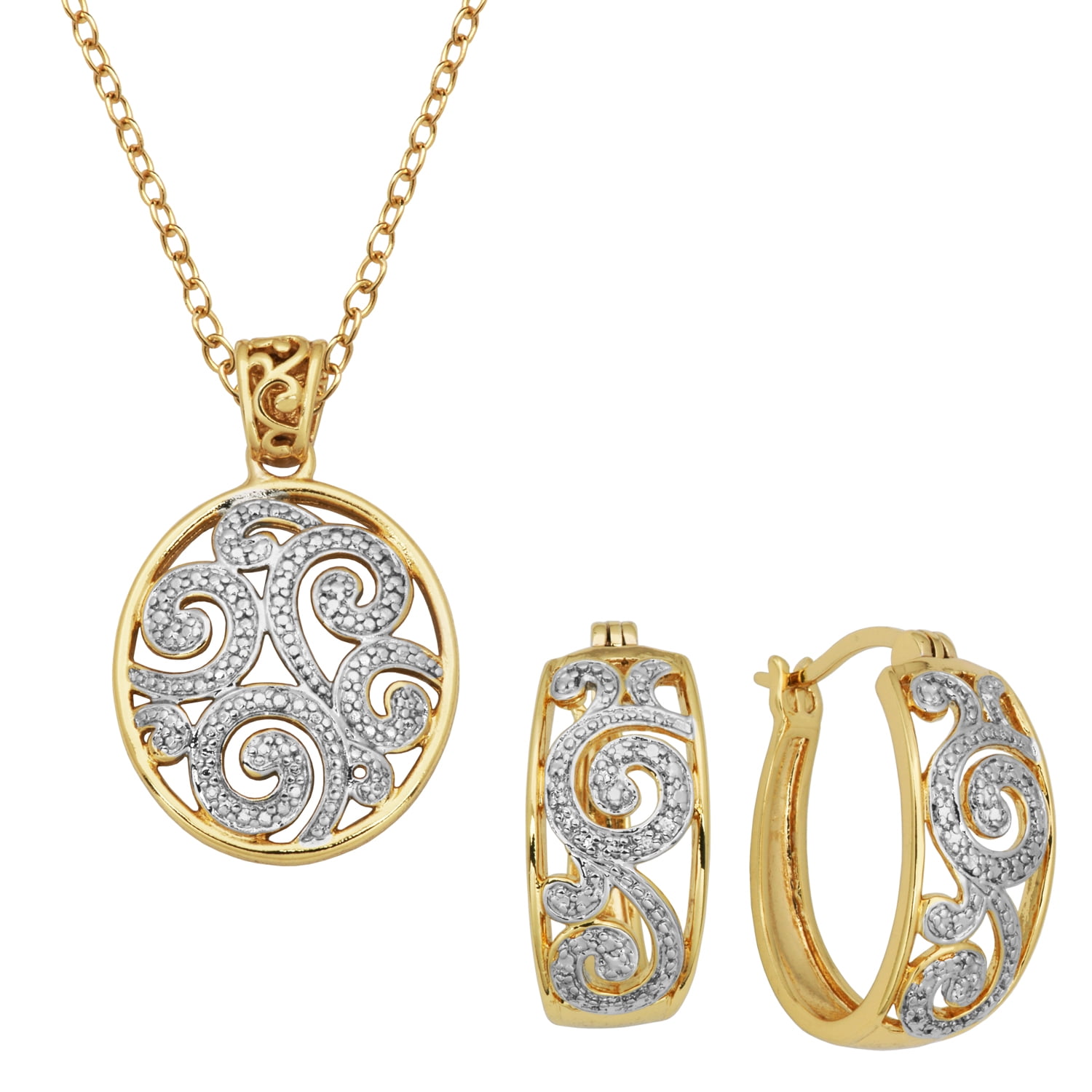 Forever Facets Diamond Accent Paisley Swirl Earring and Pendant Necklace Set in 18k Yellow Gold over Bronze, Adult Female