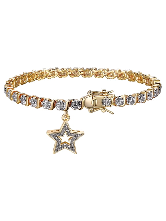 18K Yellow Gold Plated Diamond Accent Star Charm Tennis Bracelet, 7.25"