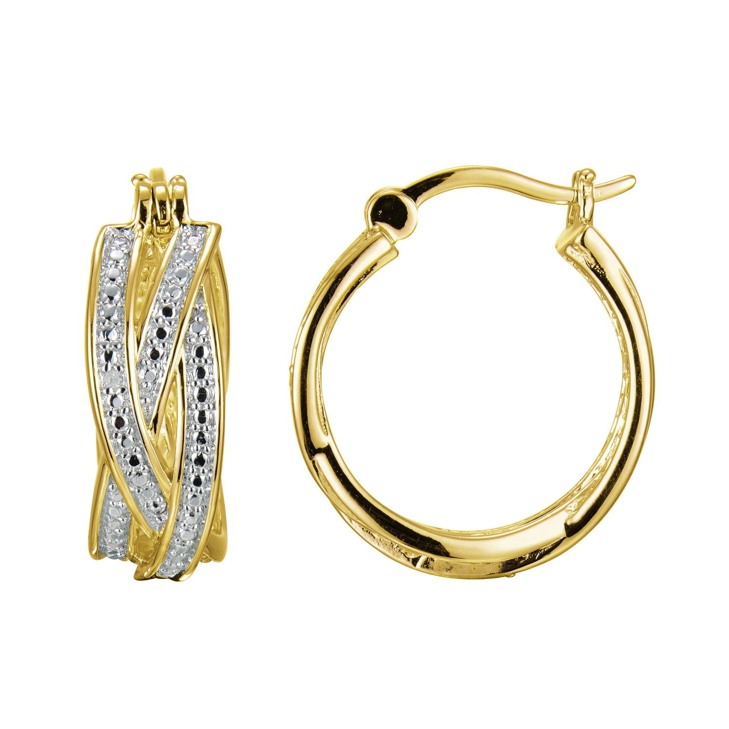 Forever Facets Diamond Accent Twist Hoop Earrings in 18k Yellow Gold and Rhodium over Sterling Silver, Adult Female