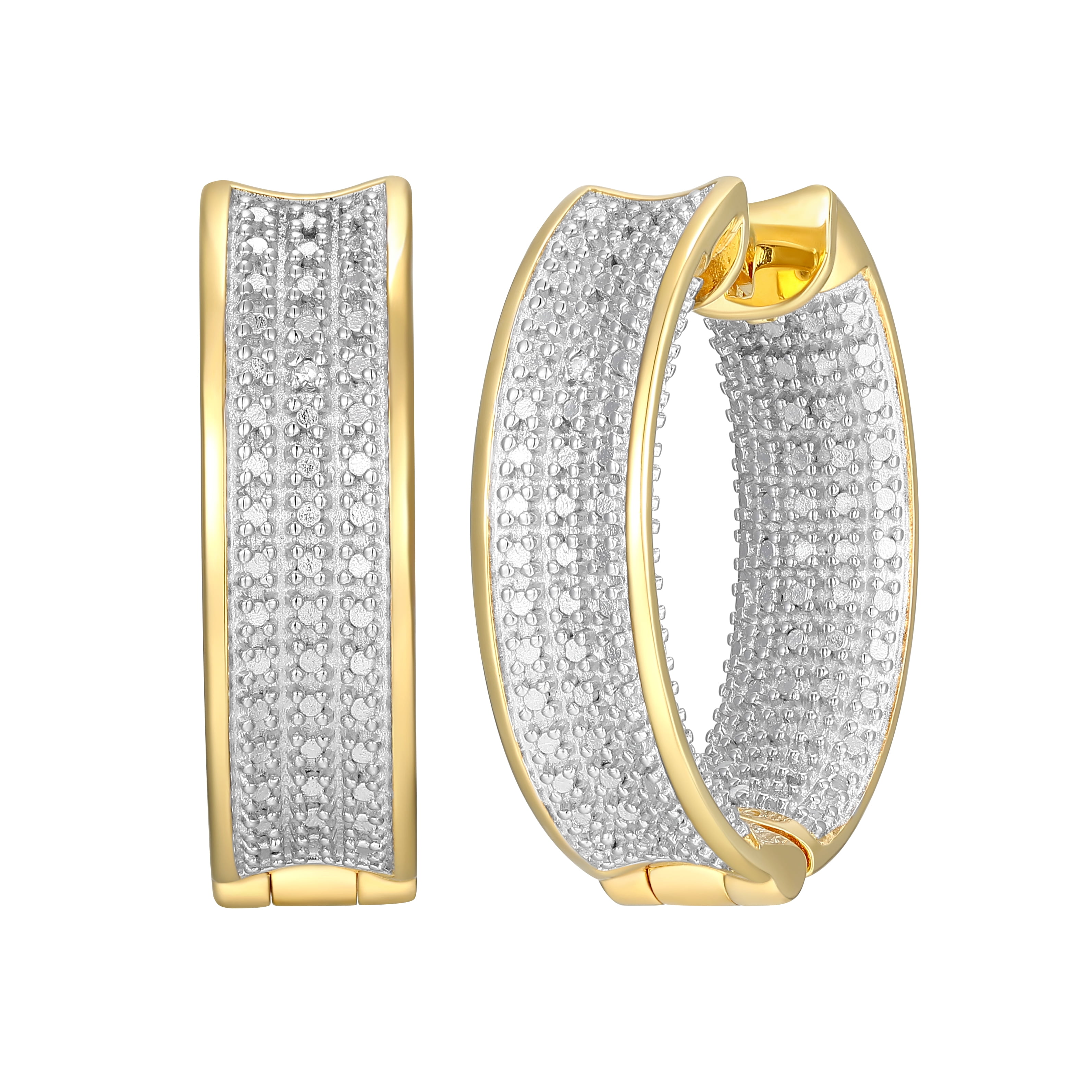 Forever Facets Diamond Accent Wide Hinged Hoop Earrings in 18k Yellow Gold and Rhodium over Sterling Silver, Adult Female