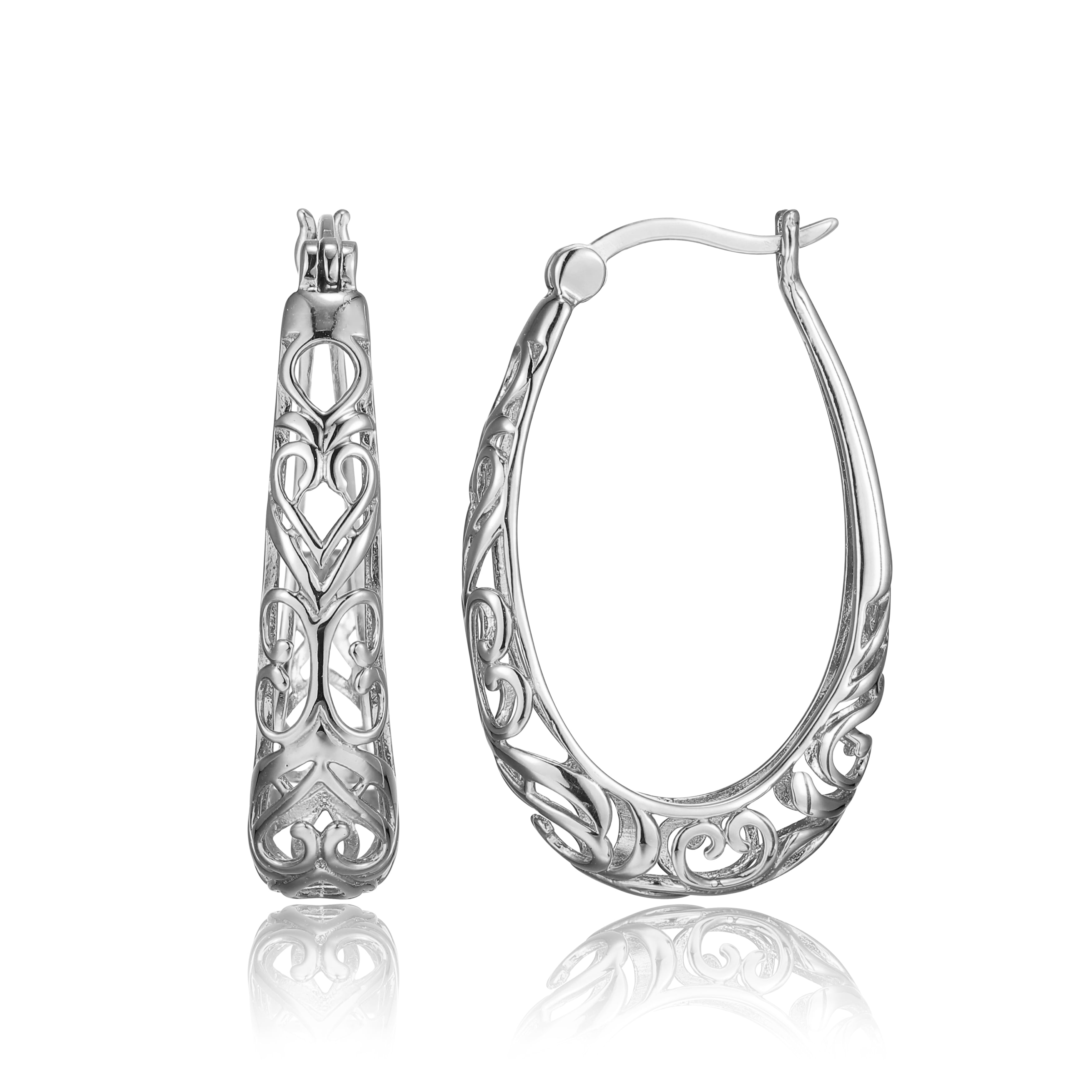 Forever Facets Filigree Oval Hoop Earrings in Rhodium Plated Sterling Silver, Adult Female