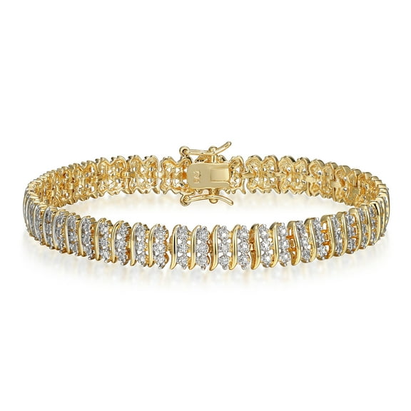 Forever Facets Fine Silver Plated Gold Tone S Shape Link Triple Row Diamond Accent Tennis Bracelet, 7.25"