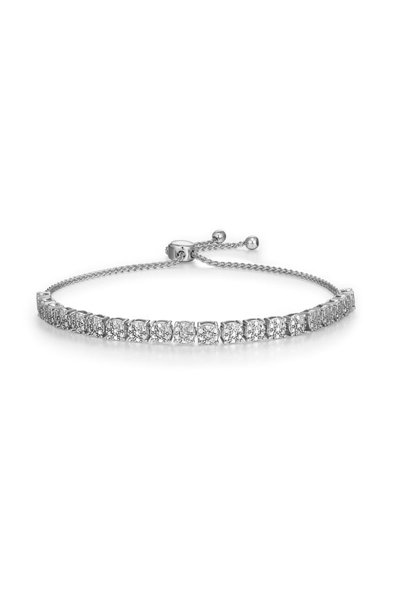 Fine Silver Plated Silver Tone Classic Bar Diamond Accent Bolo Bracelet, 9"