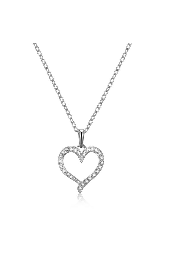 Fine Silver Plated Silver Tone Classic Open Heart Diamond Accent Pendant Necklace, 18"