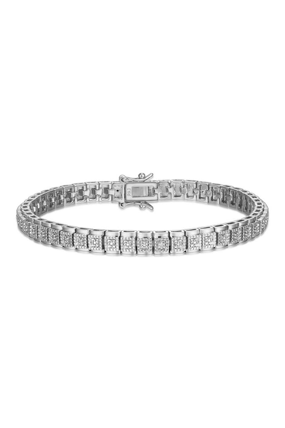 Fine Silver Plated Silver Tone Diamond Cluster Diamond Accent Tennis Bracelet, 7.25"