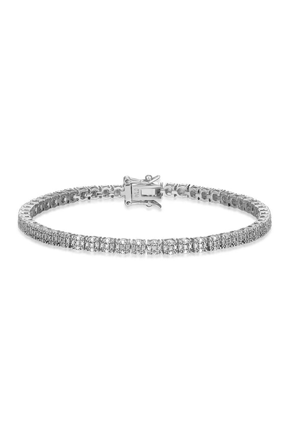 Fine Silver Plated Silver Tone Diamond Cluster Illusion Diamond Accent Tennis Bracelet, 7.25"