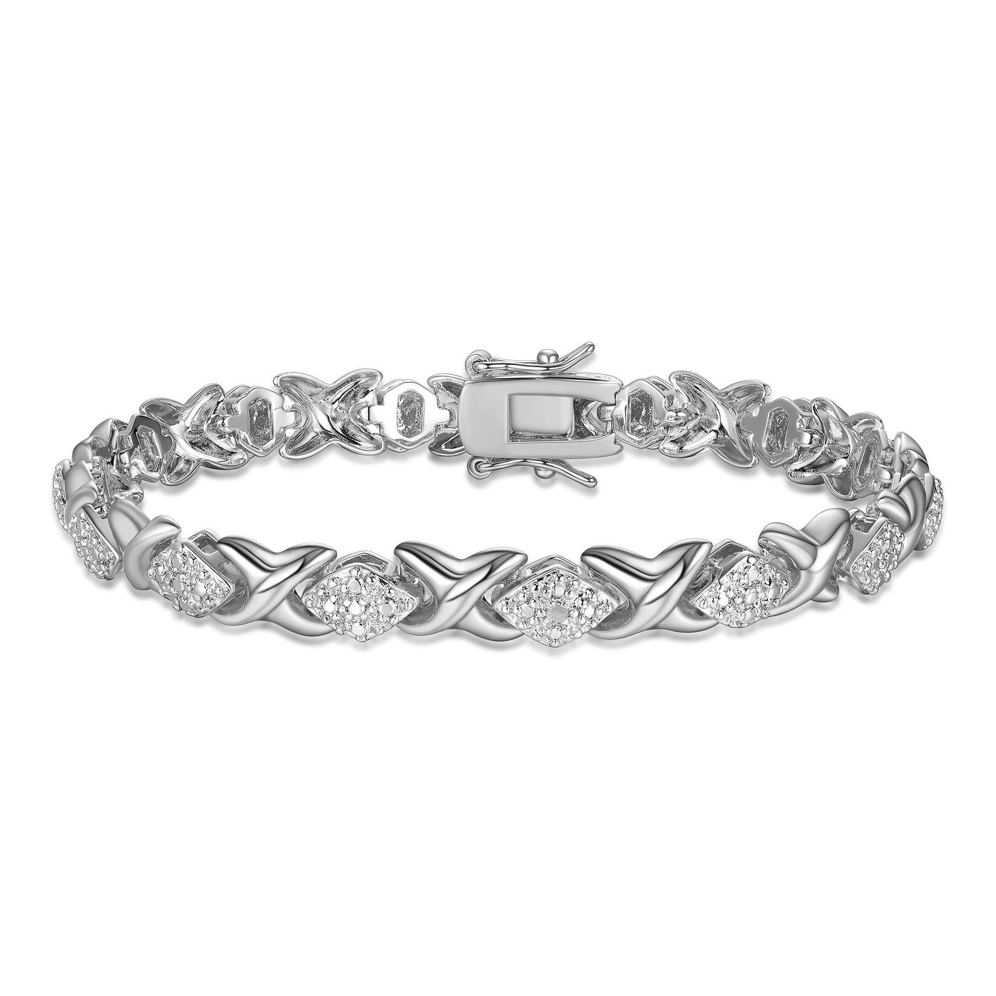 Forever Facets Fine Silver Plated Silver Tone XO Diamond Shape Diamond Accent Tennis Bracelet, 7.25"