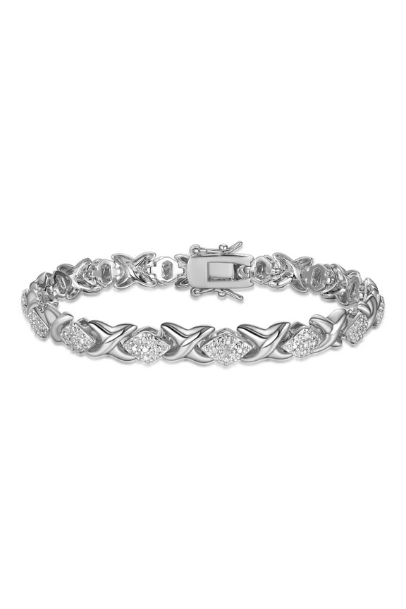 Fine Silver Plated Silver Tone XO Diamond Shape Diamond Accent Tennis Bracelet, 7.25"