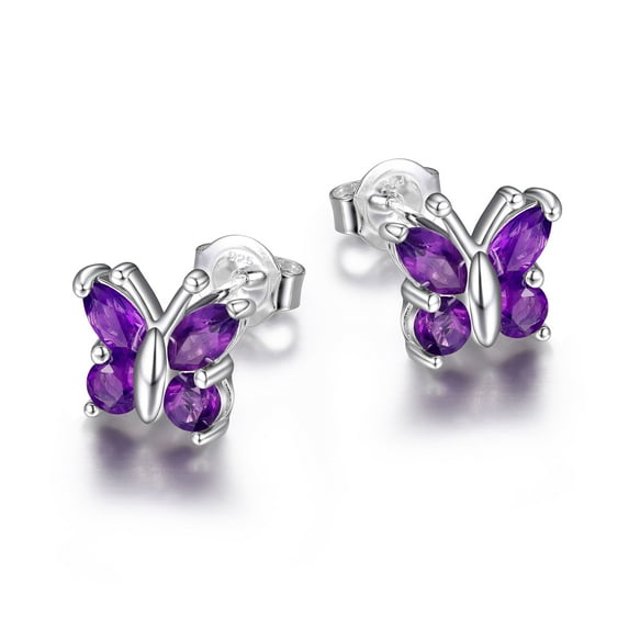 Forever Facets Genuine Amethyst Butterfly Earrings in Rhodium Plated Sterling Silver, Adult Female