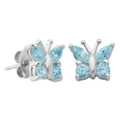 Forever Facets Genuine Blue Topaz Butterfly Earrings in Rhodium Plated Sterling Silver, Adult Female