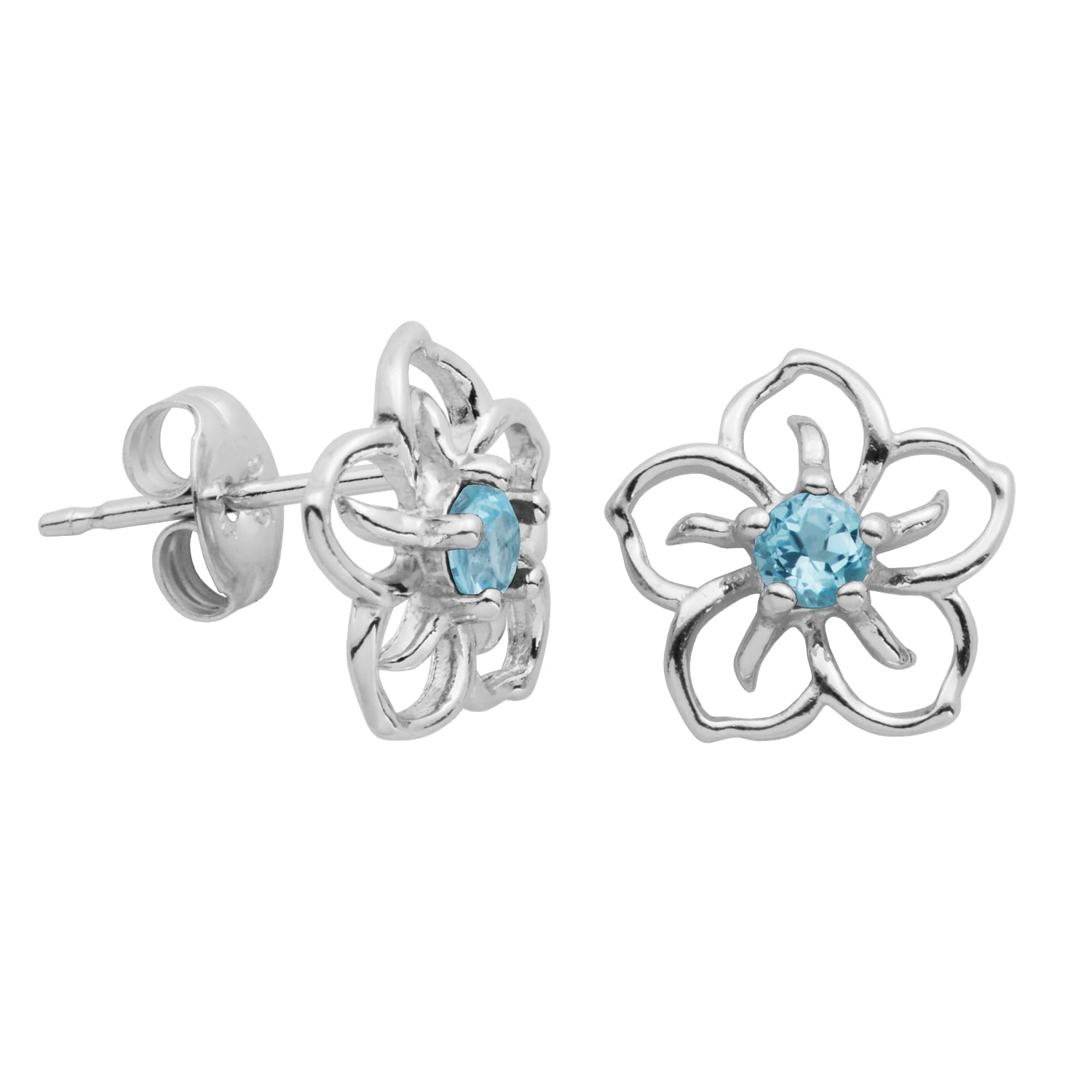 Forever Facets Genuine Blue Topaz December Birthstone Floral Earrings in Sterling Silver, Adult Female
