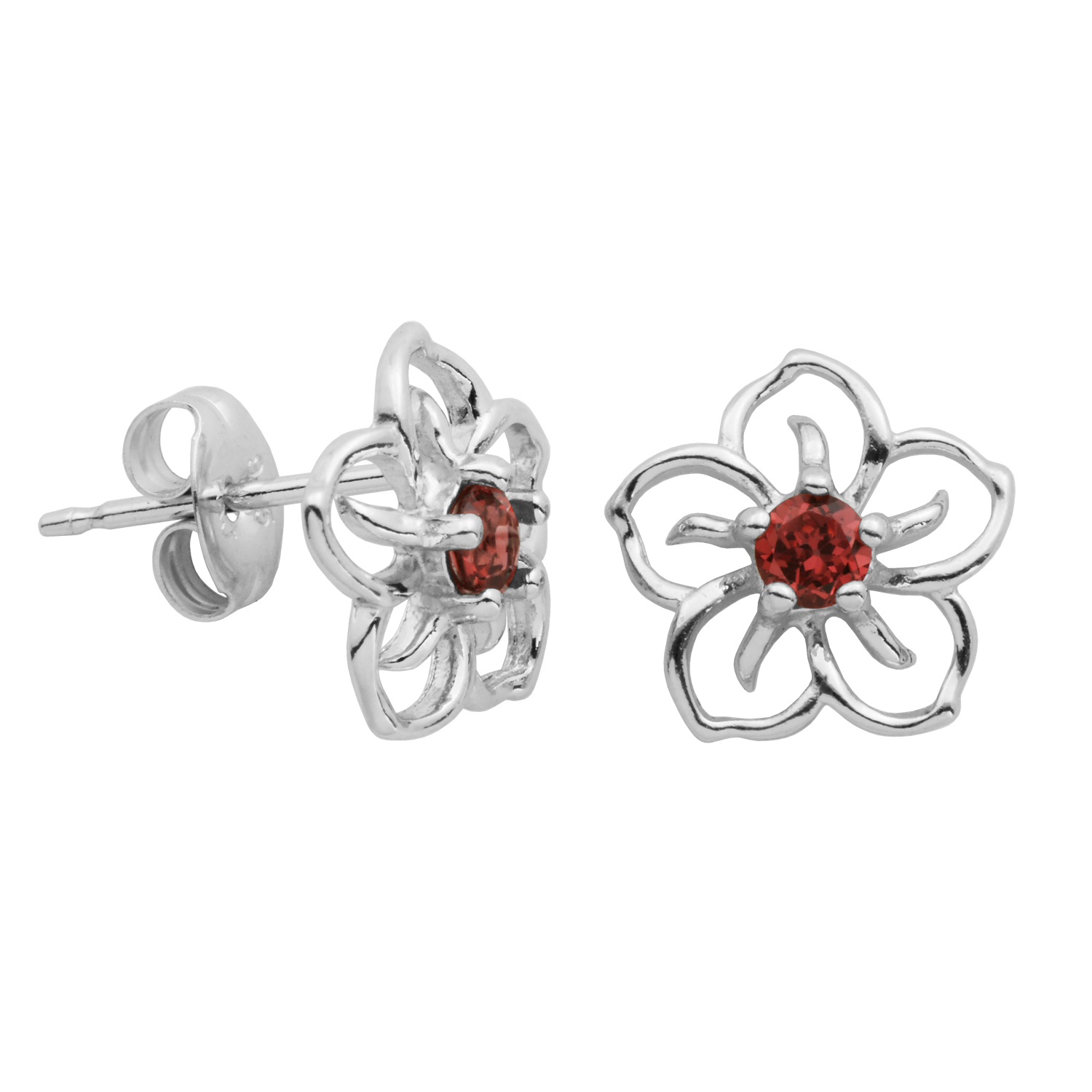 Forever Facets Genuine Garnet January Birthstone Floral Earrings in Sterling Silver, Adult Female