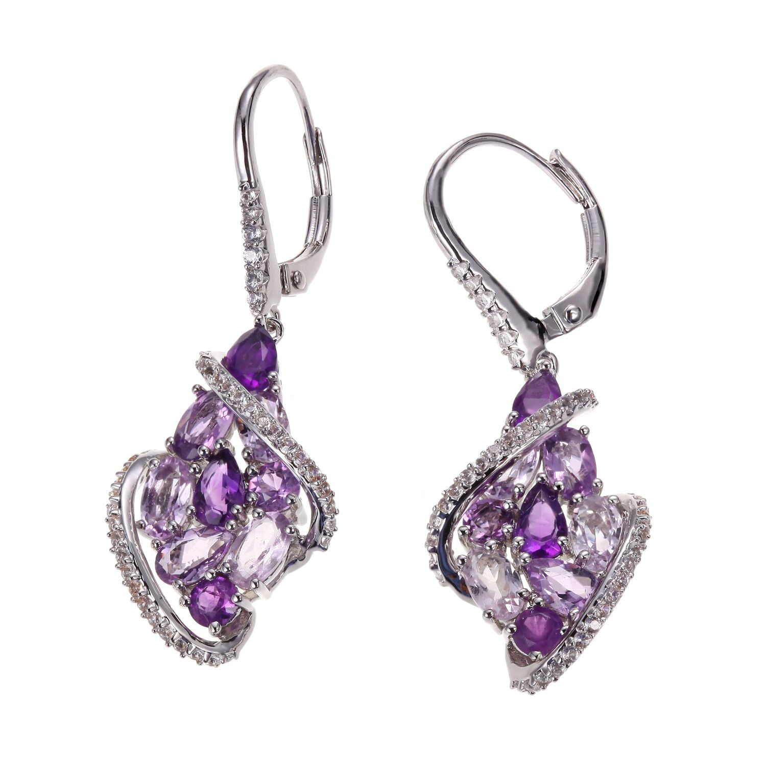 Forever Facets Genuine Gemstone Marquise Cluster Earrings in Rhodium Plated Sterling Silver, Adult Female
