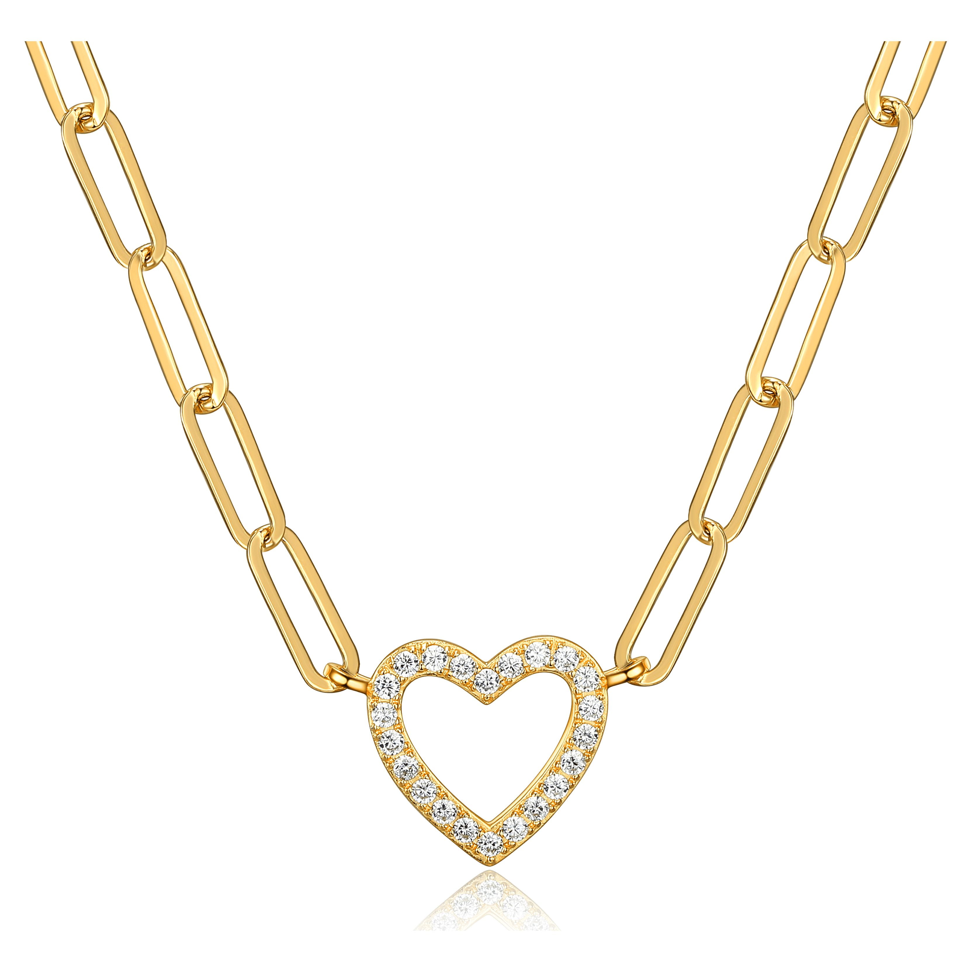 Forever Facets Heart Cubic Zirconia Paperclip 18” Necklace in 18k over Sterling Silver, Adult Female