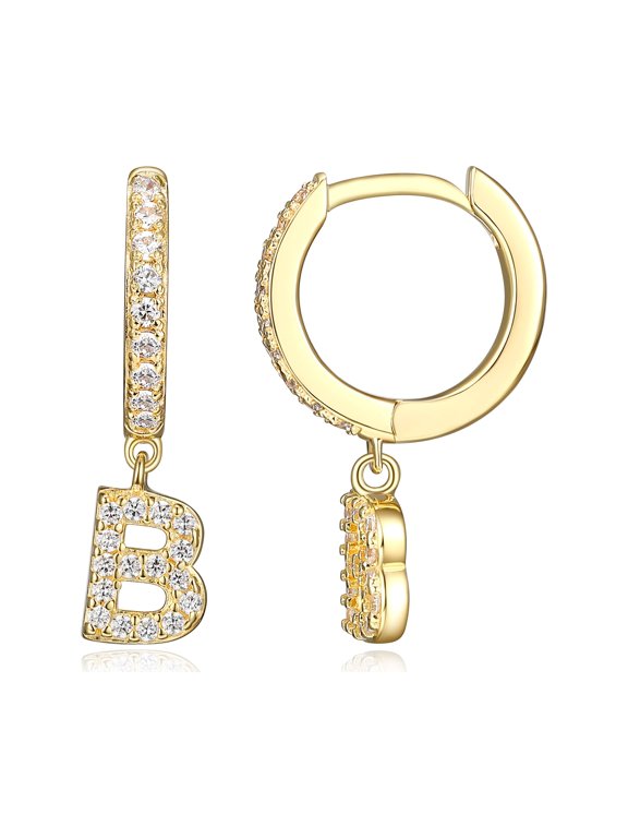 Initial Letter "B" CZ Hoop Earrings in 18K Gold over Sterling Silver