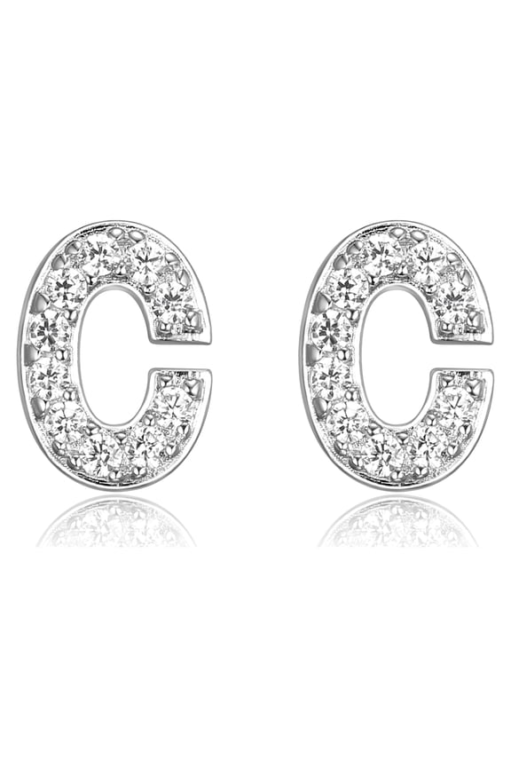 Initial Letter "C" CZ Stud Earrings in Sterling Silver, For Women