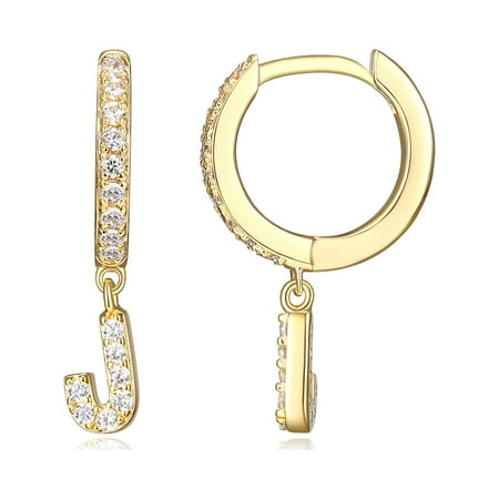 Forever Facets Initial Letter "J" CZ Hoop Earrings in 18K Gold over Sterling Silver