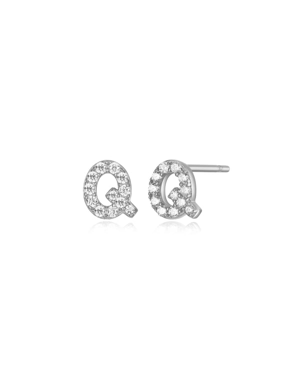 Initial "Q" CZ Earrings in Sterling Silver, Adult Female