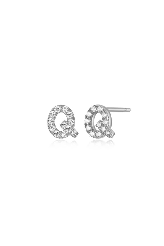 Initial "Q" CZ Earrings in Sterling Silver, Adult Female