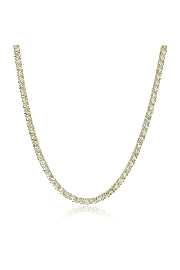Jewelry 18 Karat Yellow Gold over Sterling Silver Genuine Blue Topaz Marquise Wave Tennis Necklace with Black Velvet Pouch and Box, 18 Inches