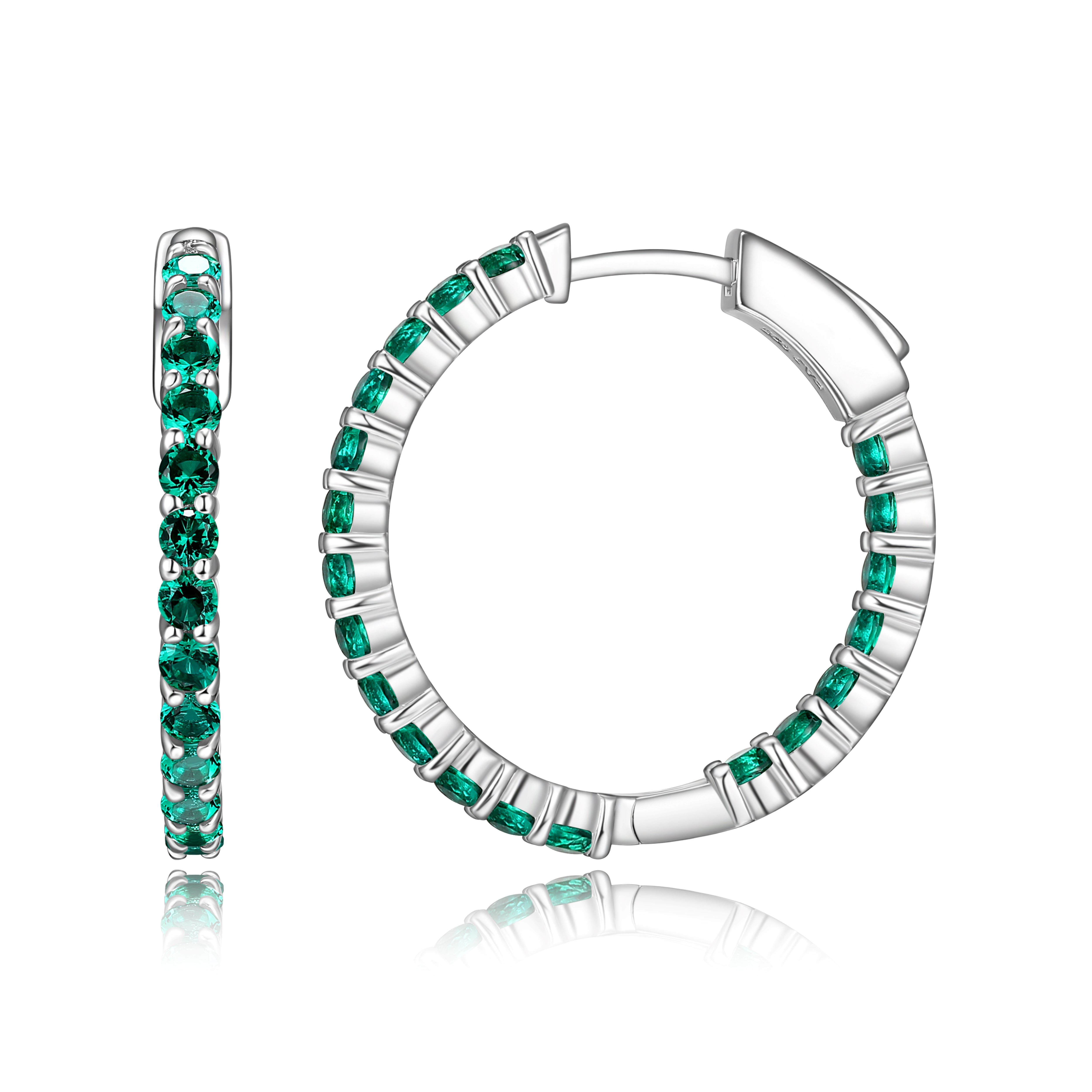 Forever Facets Jewelry Platinum over Sterling Silver Created Emerald Hoop Earrings with Black Velvet Pouch and Box