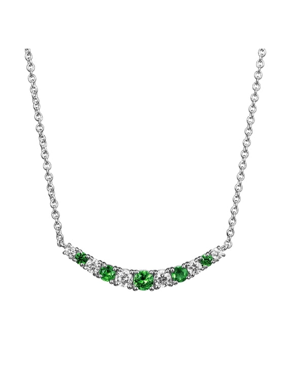 Jewelry Platinum Over Sterling Silver Created Emerald and 1/5th Carat Total Weight Lab Grown Diamond Curved Bar Necklace, 18 Inch Cable Chain + 2 Inch Extender (H-I Color, I1 Clarity)
