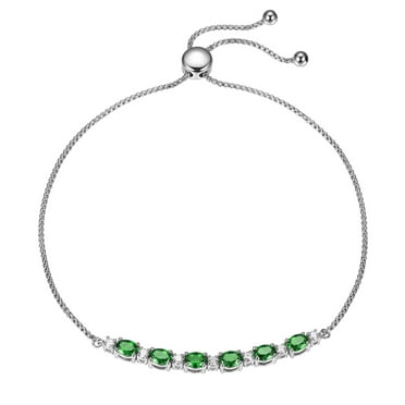 Forever Facets Lab Grown Diamond and Created Emerald Sterling Silver Bolo Bracelet, Adult Female