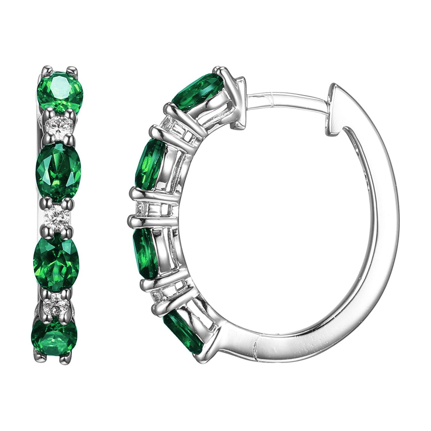 Forever Facets Lab Grown Diamond and Created Emerald Sterling Silver Hoop Earrings, Adult Female