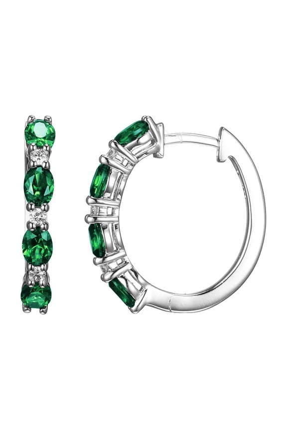Lab Grown Diamond and Created Emerald Sterling Silver Hoop Earrings, Adult Female